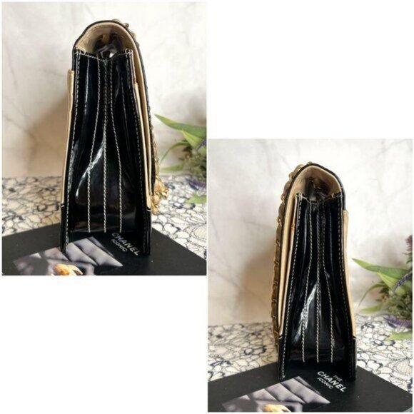 Authentic CHANEL CC Lambskin Patent Chocolate Bar Flap Bag Chain Beige Black - Picture 13 of 15